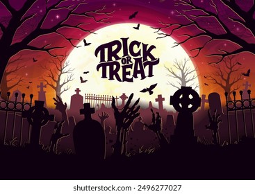 Halloween cemetery landscape with zombie hands and tombstones, vector background. Halloween holiday trick or treat party banner with midnight moon and cemetery with graves and undead zombie hands