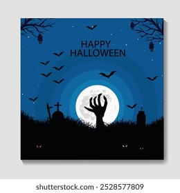 Halloween cemetery landscape with zombie hands and tombstones, vector background. Halloween holiday trick or treat party poster  with midnight moon and cemetery with graves and undead zombie hands