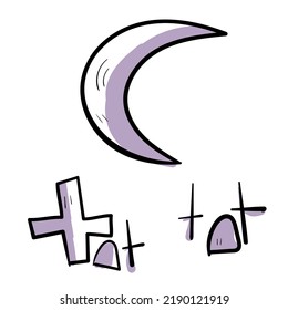Halloween cemetery with moon . Vector spooky doodle icon set. Colourful illustration on white background.
