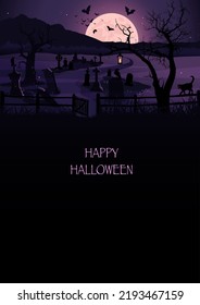 Halloween cemetery night background, banner for greeting card. Moon, bats, scary tree, black cat, crow, tombstones and graves