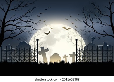 Halloween Cemetery in the night of the full moon and a flock of flying bats background.Illustrator Vector.