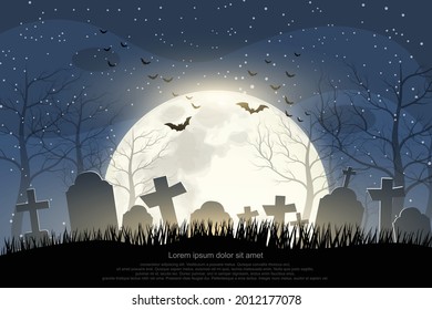 Halloween Cemetery in the night of the full moon and a flock of flying bats background.Illustrator Vector.