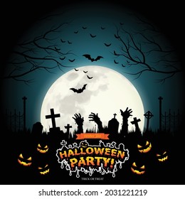 Halloween Cemetery in the night of the full moon and a flock of flying bats background.Illustrator Vector.