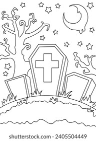 Halloween cemetery, night, graves, full moon, spider webs. Background, coloring page, black and white vector illustration.