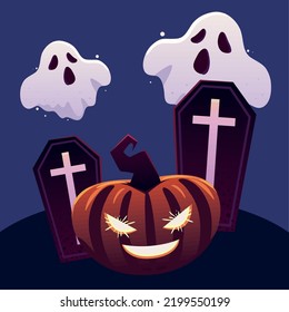 halloween cemetery night pumpkins and ghost