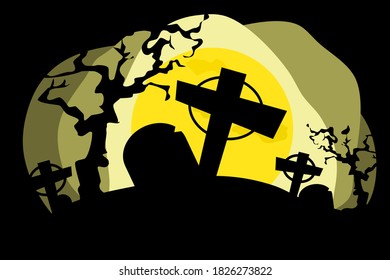 Halloween cemetery on dark night and full moon