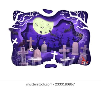 Halloween cemetery paper cut. Vector 3d effect papercut design, night graveyard landscape with tombs, scary raven birds, spooky bats, amanita mushrooms and tree silhouettes under moonlight glow