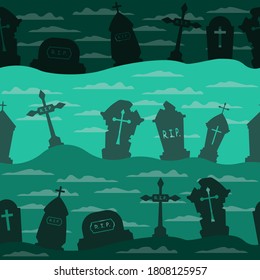 Halloween cemetery pattern with graves. Halloween holiday seamless pattern background. Spooky vector illustration for banner, poster, invitation or festive decoration.