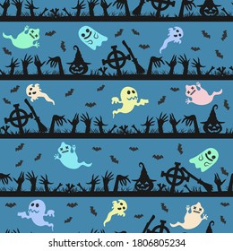Halloween cemetery pattern. Pumpkins, bones, ghosts, crosses and bats. Halloween holiday seamless pattern background.