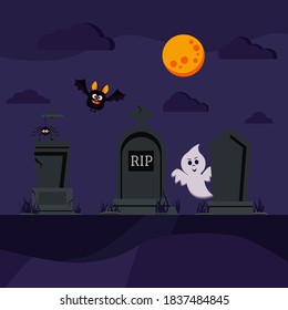 Halloween cemetery scene with bat, ghost, spider on tombstone. Different old tomb gravestone with crack: dark night scene with moon and clouds. Vector flat design cartoon style scenery illustration. 