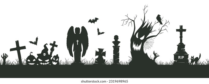 Halloween cemetery silhouette border. Spooky graveyard silhouettes, creepy halloween decoration with scary trees and gravestones flat vector illustration