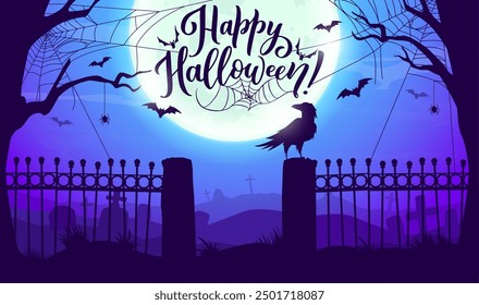 Halloween cemetery silhouette landscape with cobweb, bats and gravestones. Happy Halloween celebration vector background with flying at night bats, raven on cemetery fence, full moon and dry trees