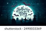 Halloween cemetery silhouette landscape. Halloween party scary background or banner, fall season creepy vector backdrop with flying bats, cemetery graves and moon, zombie hand raising from underground