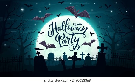 Halloween cemetery silhouette landscape. Halloween party scary background or banner, fall season creepy vector backdrop with flying bats, cemetery graves and moon, zombie hand raising from underground