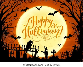 Halloween cemetery silhouette landscape with zombie hand, tombstones and graves, flying bats and big moon, creepy trees and fence. Vector Halloween holiday, trick or treat horror night party poster