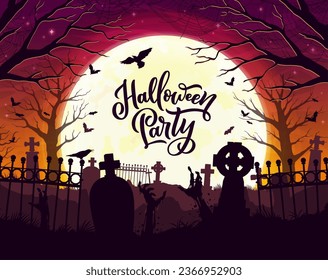 Halloween cemetery silhouette landscape with zombie hands and grave stones. Vector chilling scene with moonlit graveyard with tombstones and eerie arms rise from the ground, evoking creepy atmosphere