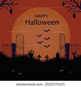 Paisaje de la silueta del cementerio de Halloween con la mano del zombi, lápidas y tumbas, murciélagos voladores y luna grande, árboles espeluznantes y cerca. Cartel de fiesta de Halloween de Vector, truco o trato de noche de terror