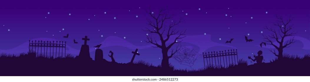 Halloween cemetery silhouette at night vector banner. Halloween horror holiday spooky graveyard landscape of scary zombies reaching out from graves, creepy trees and bats on dark night sky background