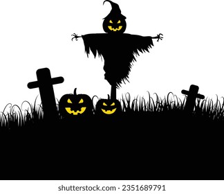 Halloween cemetery silhouette with pumpkins and scarecrow
