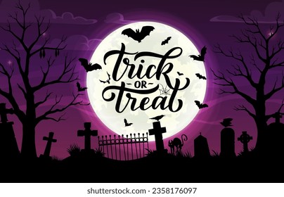 Halloween cemetery silhouette, trick or treat vector banner. Night twilight graveyard landscape with black cat, crosses, tombs, crows and scary bats under full moon. Cartoon spooky greeting card