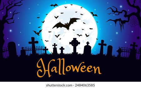 Halloween cemetery silhouette, vector banner. Night twilight graveyard landscape with black crooked trees, crosses, tombs, and scary flying bats on full moon background. Cartoon spooky greeting card