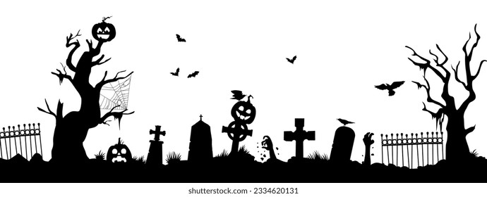 Halloween cemetery silhouette. Vector creepy graveyard with zombie hand, trees, bats, tombs, fence, jack lantern pumpkins and spider webs on white background. Horror night holiday necropolis design