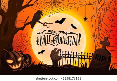 Silueta de cementerio de Halloween con mano zombie, linterna de calabaza y lápida, fondo vectorial. Arañas navideñas de Halloween en la telaraña, QEPD lápida y murciélagos con luna llena en el cementerio