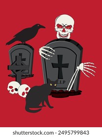 Halloween cemetery with skull crow and cat vector