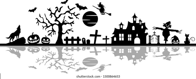 Halloween Cemetery Skyline Vector Silhouette 