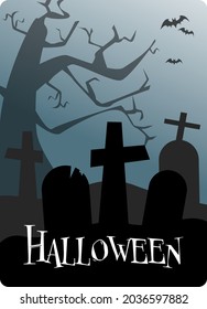 Halloween cemetery. tombstone with cross, bats, scary tree, night. Halloween holiday poster