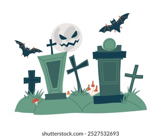 Halloween at the cemetery. Tombstones, graves, crosses in the churchyard, full creepy moon and bats. Old graveyard for the October holiday. Isolated vector illustration