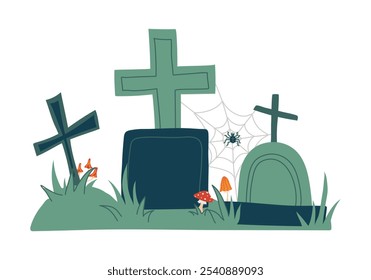 Halloween en el cementerio. Lápidas, tumbas, cruces entrelazadas con telarañas en el patio de la iglesia. Antiguo entierro para las vacaciones de octubre. Ilustración vectorial aislada