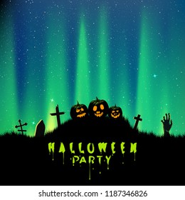 Halloween cemetery vector illustration with northern light