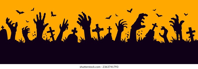 Cementerio de Halloween con manos zombie y siluetas de lágrimas vectoriales de truco de feriado de horror o de fiesta de regalo de noche. Tumba espeluznante con mano zombie que llega al cielo de medianoche, cruces y murciélagos