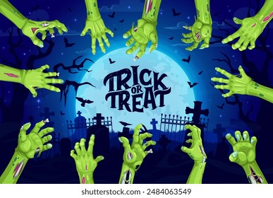 Halloween cemetery, zombie hands and midnight moon. Happy Halloween celebration banner, October horror party vector background. Autumn holiday banner with zombie green hands, cemetery in moon light