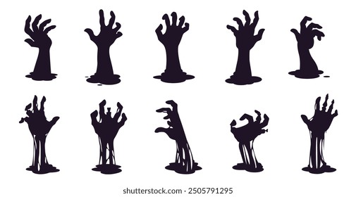 Halloween cemetery zombie hands silhouettes. Vector set of black spooky arms, sticking out of the ground, capturing eerie and chilling vibes. Graveyard horror night with creepy reaching human limbs