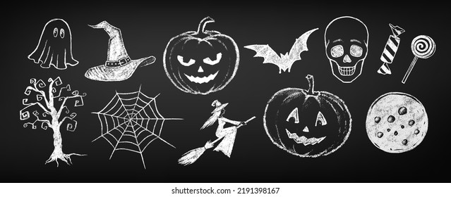 Halloween chalk doodles drawings collection on chalkboard background