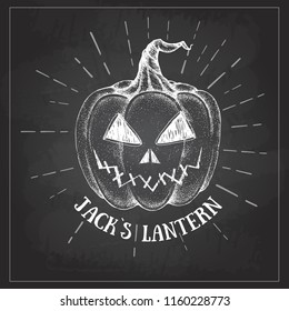 Halloween chalk drawing pumpkin Jack Lantern vector illustration. Hipster style