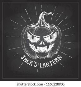 Halloween chalk drawing pumpkin Jack Lantern vector illustration. Hipster style