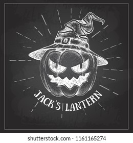 Halloween chalk drawing pumpkin Jack Lantern vector illustration. Hipster style
