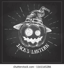 Halloween chalk drawing pumpkin Jack Lantern vector illustration. Hipster style