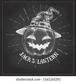 Halloween chalk drawing pumpkin Jack Lantern vector illustration. Hipster style