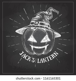 Halloween chalk drawing pumpkin Jack Lantern vector illustration. Hipster style