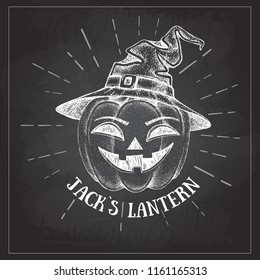 Halloween chalk drawing pumpkin Jack Lantern vector illustration. Hipster style