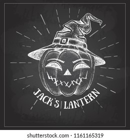 Halloween chalk drawing pumpkin Jack Lantern vector illustration. Hipster style