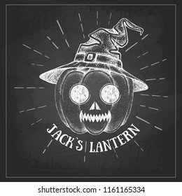 Halloween chalk drawing pumpkin Jack Lantern vector illustration. Hipster style