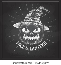 Halloween chalk drawing pumpkin Jack Lantern vector illustration. Hipster style