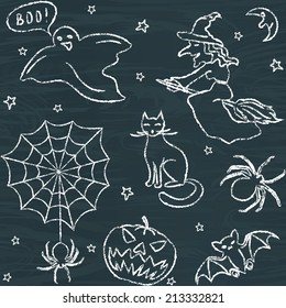Halloween chalkboard seamless pattern with doodle silhouettes