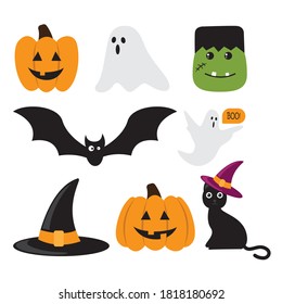 halloween character banner bat, cat, pumpkin and ghost, vector icon