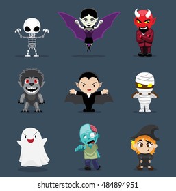 Halloween Character Big Head Set Cartoon Vector Illustration